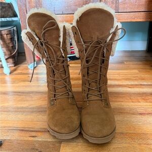 Bearpaw Kylie 6suede perforated boots Brown faux fur trim women’s winter warm